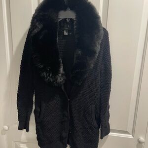 Forever 21 Black sweater Jacket with Fur Collar
